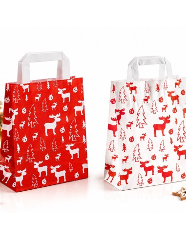 Kerstzakjes van kraftpapier met platte handgrepen en elandmotief, rood en wit