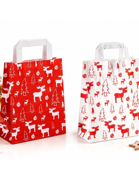 Kerstzakjes van kraftpapier met platte handgrepen en elandmotief, rood en wit