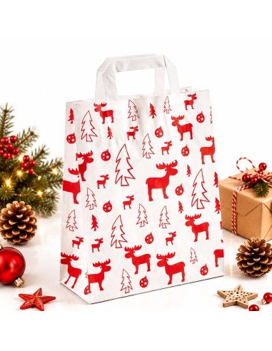 Sac de Noël en papier kraft blanc à poignées plates, motif élan rouge