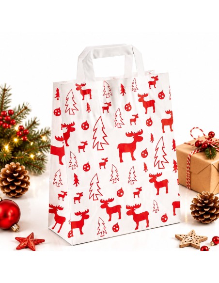 Sac de Noël en papier kraft blanc à poignées plates, motif élan rouge