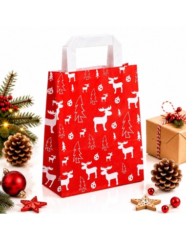 Rode kraftpapieren kerstzak met platte handgrepen en wit elandmotief