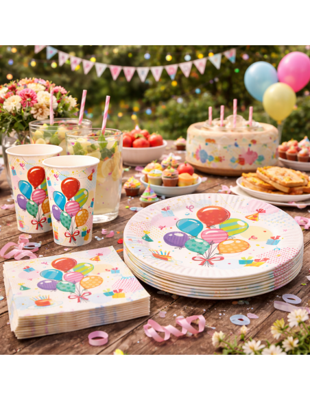 Table d anniversaire au jardin avec serviettes ballons