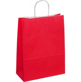 sac en papier kraft rouge à poignées torsadées, soufflets latéraux et fond plat
