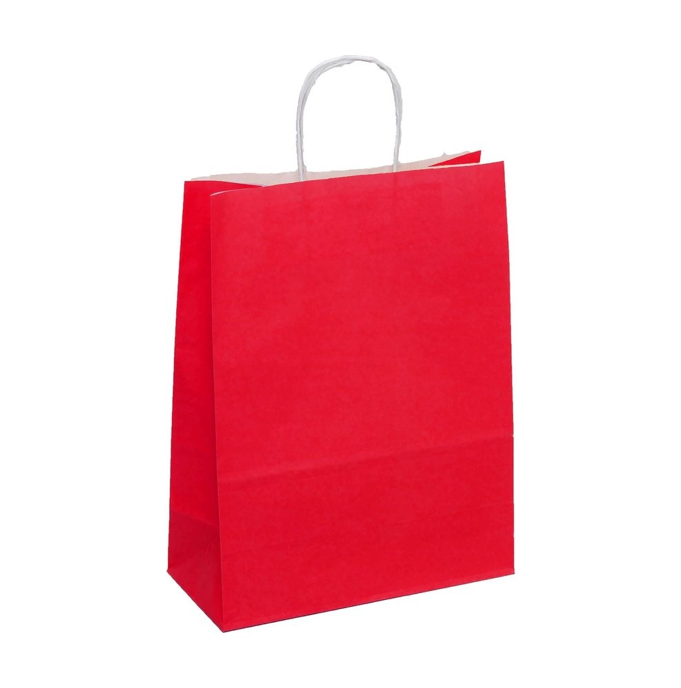sac en papier kraft rouge à poignées torsadées, soufflets latéraux et fond plat