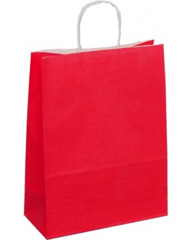 sac en papier kraft rouge à poignées torsadées, soufflets latéraux et fond plat