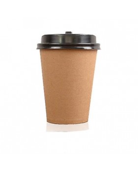 Gobelets café carton 12oz brun + couvercles noirs