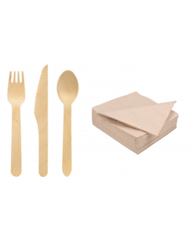 300 x Houten wegwerp bestek set 16 cm + bio servetten 33x33cm- Biol...
