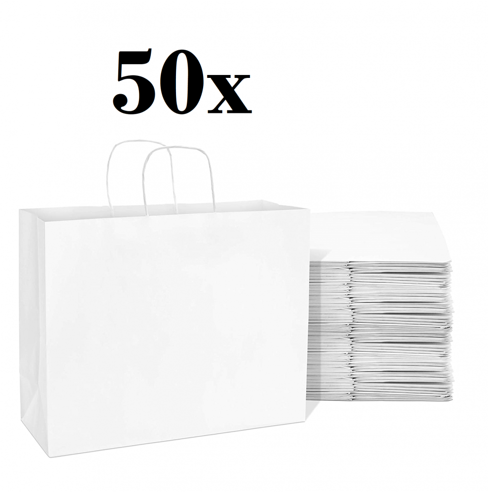50 x Sacs kraft blanc à poignées torsadées 26x17x25cm - Accueil
