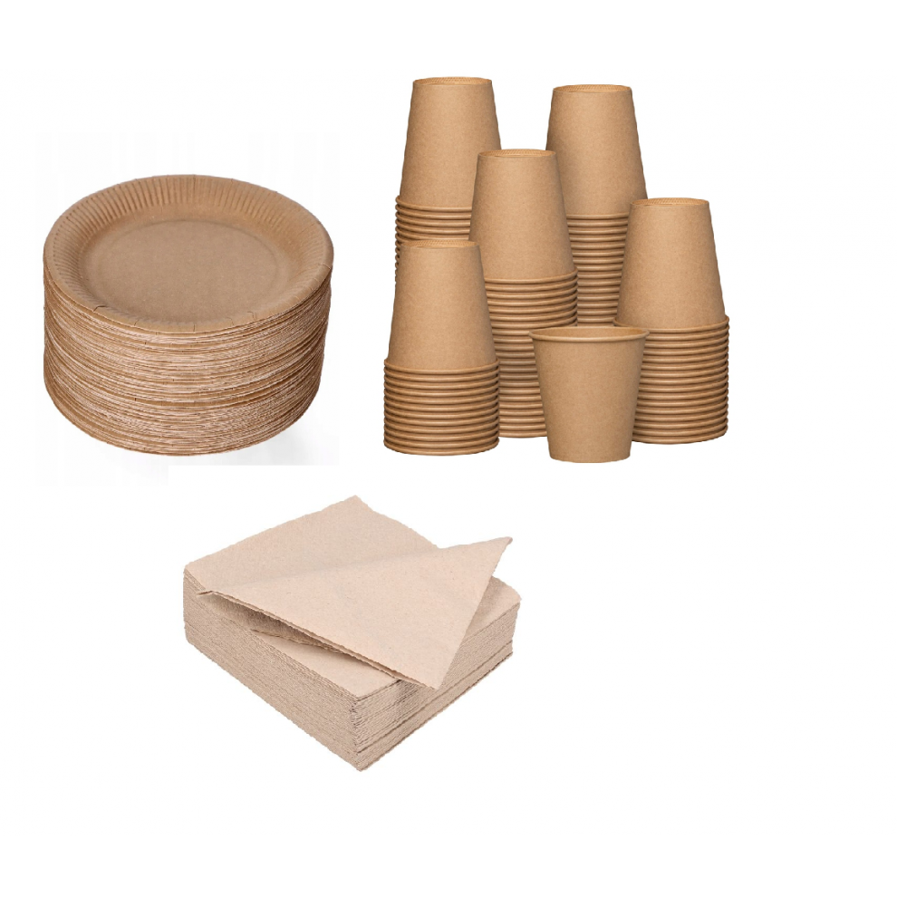 100 assiettes carton 23cm + 100 gobelets carton 240ml + 100 serviet...