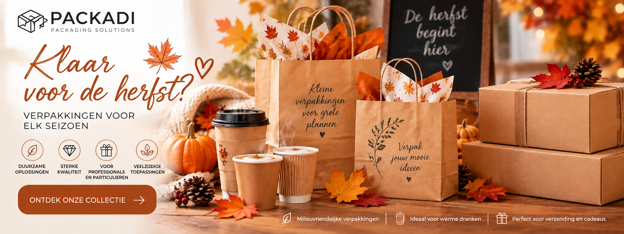 Herfstverpakkingen voor verzending, shopping en warme dranken. 🍂